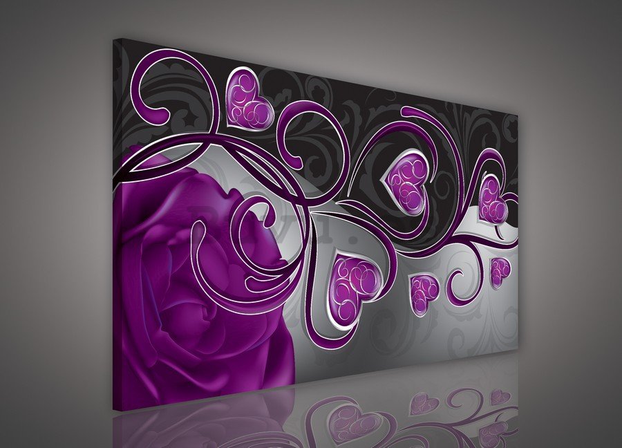 Cuadro sobre lienzo: Corazoncito y rosas (moradas) - 75x100 cm