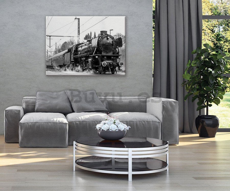 Cuadro sobre lienzo: Locomotora de vapor (en blanco y negro) - 75x100 cm