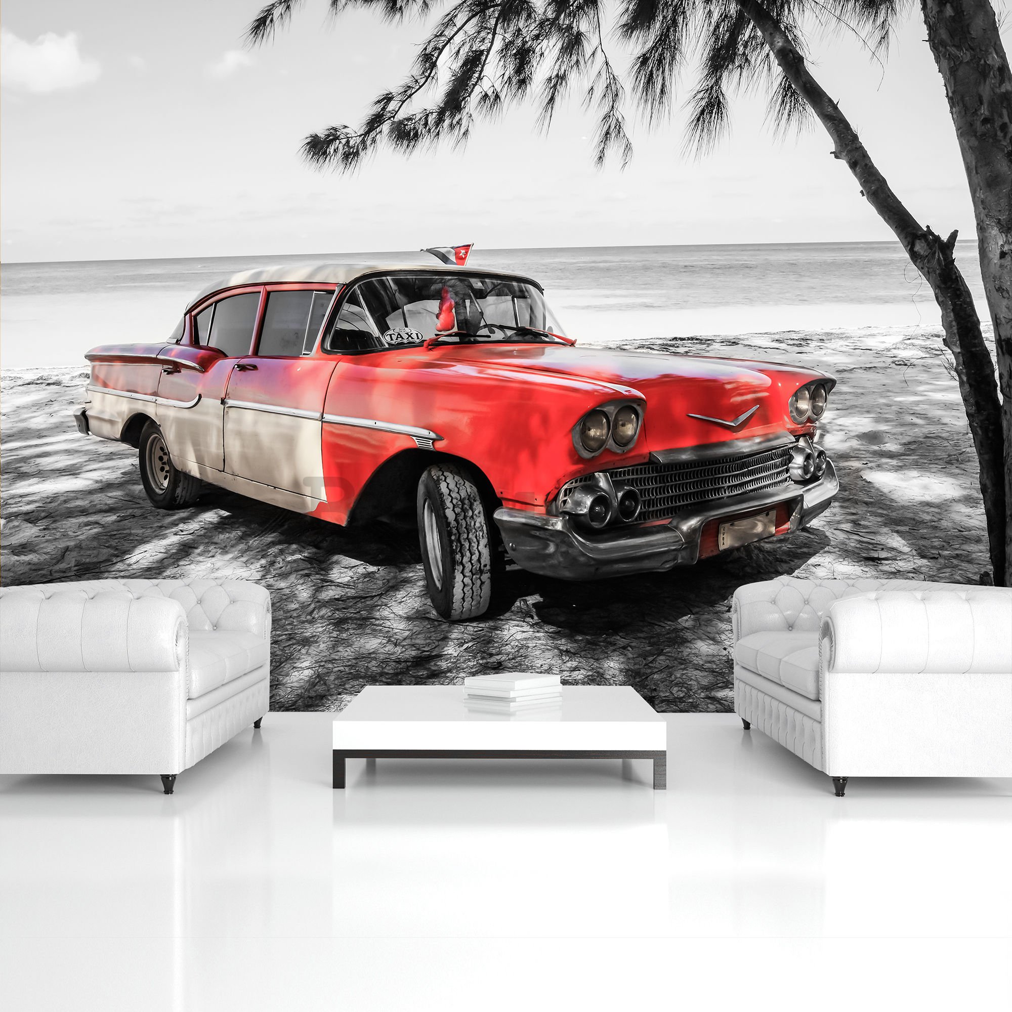 Fotomural TNT: Cuba coche rojo junto al mar - 184x254 cm