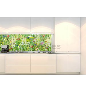 Papel pintado lavable autoadhesivo para cocina - Pradera con flores, 180x60 cm